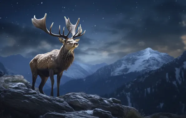 Picture forest, mountains, night, nature, deer, reindeer, AI art, neural network