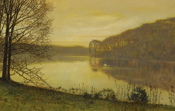 Landscape, Park, bird, picture, Swan, John Atkinson Grimshaw, John Atkinson Grimshaw, Lake Roundhay. Leeds