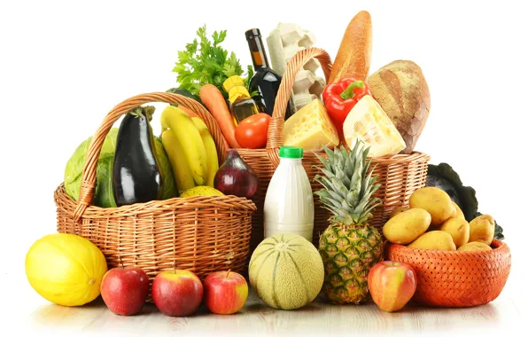 Greens, wine, apples, eggs, cheese, bow, bread, bananas