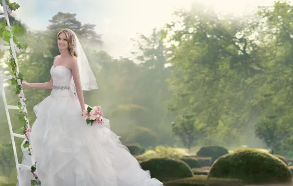 Smile, holiday, model, bouquet, dress, the bride, veil, wedding