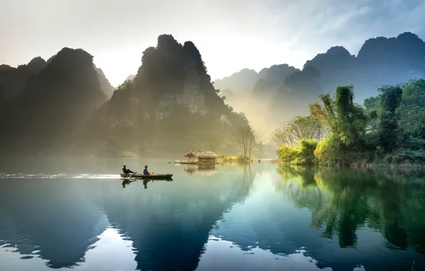 Wallpaper clouds, mountains, lake, people, vegetation, boat, beauty ...