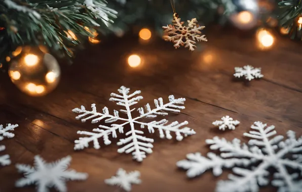 Balls, light, snowflakes, branches, lights, Board, Christmas, New year