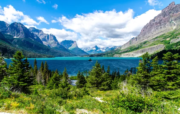 Mountains, nature, lake, ate, Glacier National Park, Saint Mary Lake