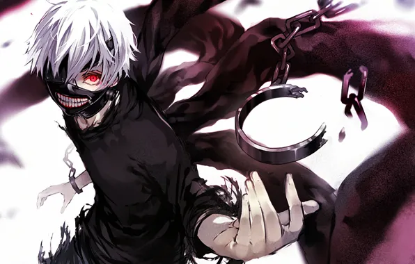 Picture look, anime, mask, chain, white hair, anime, red eye, Tokyo Ghoul