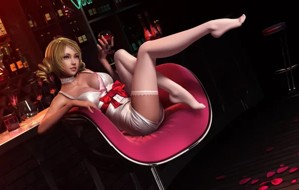 Picture girl, wine, glass, chair, bar, stockings, petals, art