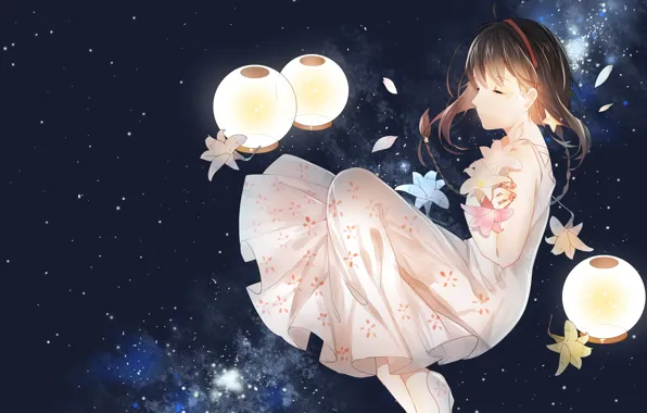 Picture the sky, girl, stars, flowers, anime, petals, art, vocaloid