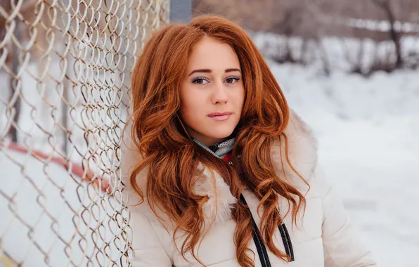 Picture winter, girl, snow, grille, jacket, red, Vzglyad