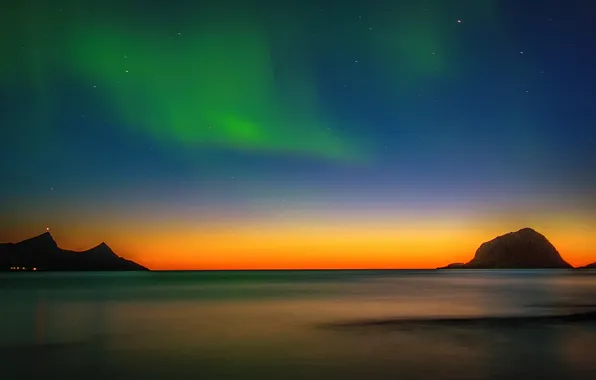 Picture sea, mountains, night, lights, Northern lights, glow