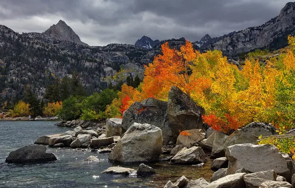 Autumn, the sky, trees, mountains, clouds, lake, stones