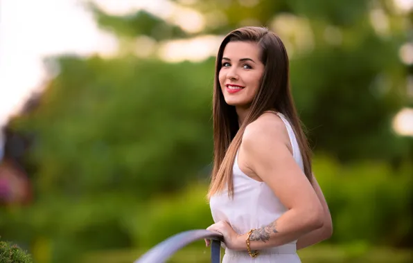 Girl, pose, smile, hair, bokeh, Aurore