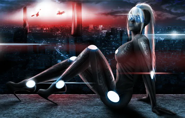 Girl, the city, lights, body, art, costume, cyborg