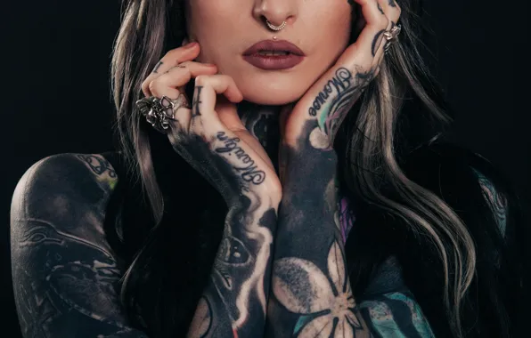Picture hair, skull, Girl, ring, piercing, nose, ring, tattoo