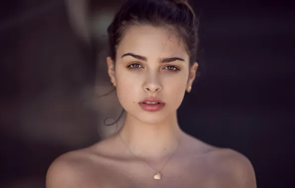 Girl, brown eyes, lips, hair, look, necklace, bare shoulders