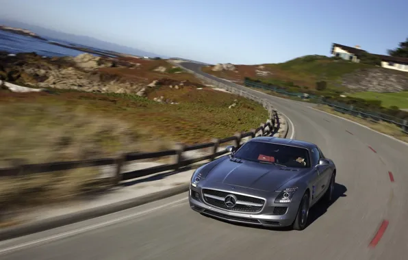 Road, stones, the fence, speed, mercedes, benz, sls, amg
