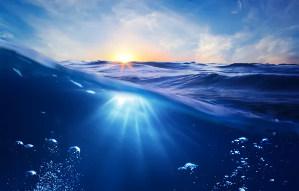 Picture the sun, rays, sunset, bubbles, the ocean, under water