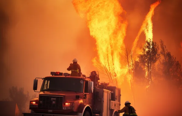 Trees, Smoke, Fire, Fire, Men, Digital art, Fire truck, AI art