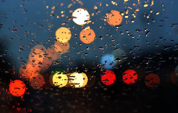 Glass, water, drops, lights, lights, rain, rain, night