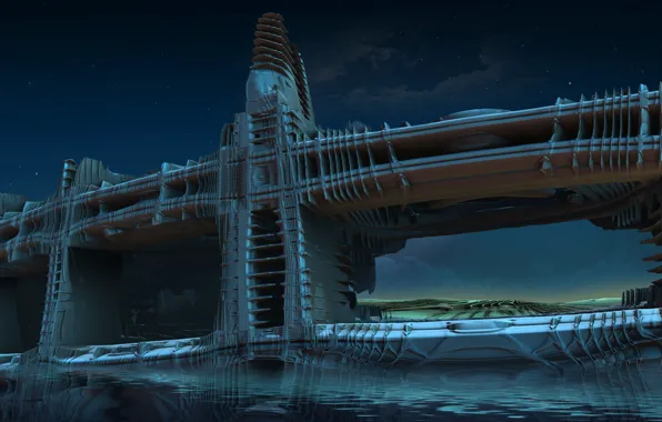The sky, clouds, night, bridge, design, design, stars, pond