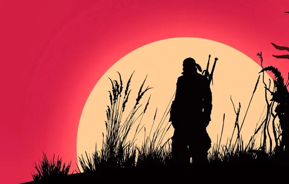 Picture fantasy, game, The Witcher, minimalism, sun, man, weapons, digital art