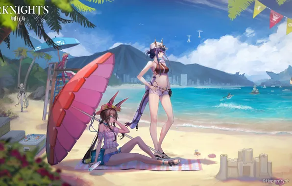 Beach, summer, girls, Arknights, Amiya, Ifrit, Ch in