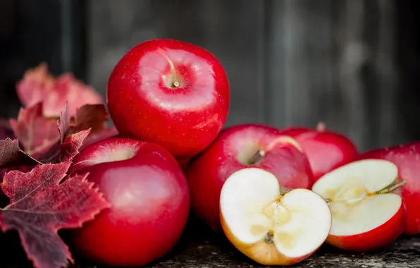Autumn, leaves, harvest, red juicy apples