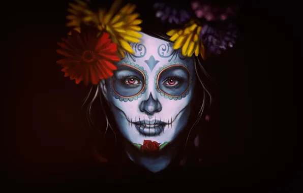 Flowers, Girl, Style, Face, Background, Calavera, Digital Art, Day of the Dead