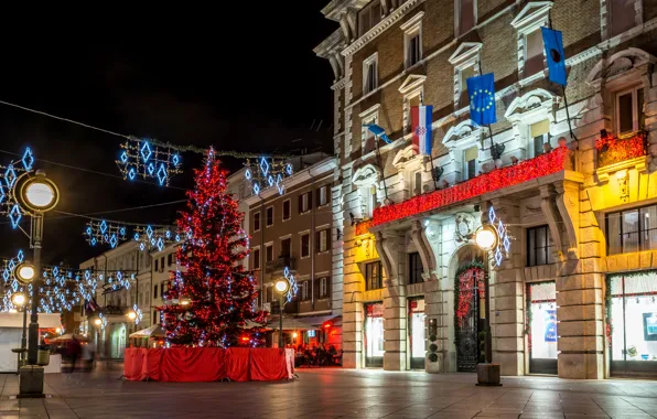 Night, tree, area, lights, New year, decoration, Christmas, garland