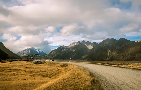 Road, landscape, mountains, bridge