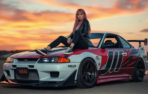 Girl, Nissan, pink hair, cloud, sun, AI Art, AI Generated