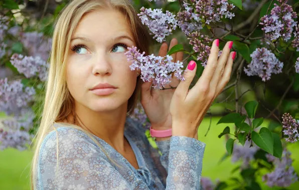 Picture eyes, trees, face, hair, lips, lilac, Masha
