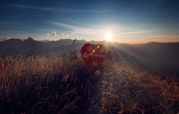 Grass, the sun, rays, mountains, glare, dawn, the inscription, heart