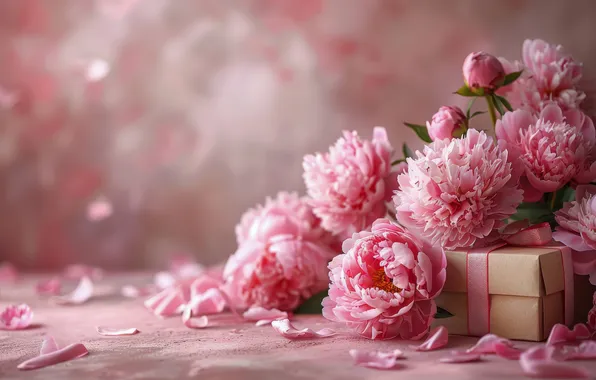 Holiday, box, gift, bouquet, spring, pink, March 8, peonies