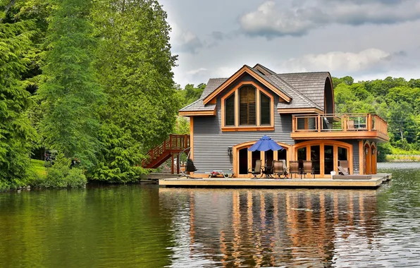 Picture forest, the sky, grass, clouds, trees, nature, lake, house