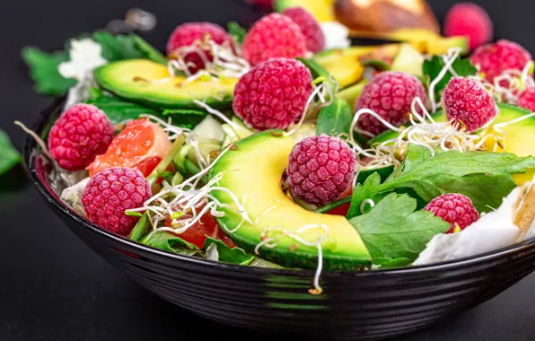 Picture macro, sprouts, berries, raspberry, plate, salad, avocado