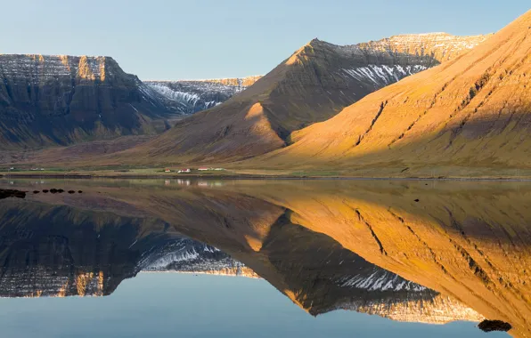 Picture sea, water, mountains, morning, Iceland, farm, Westfjords