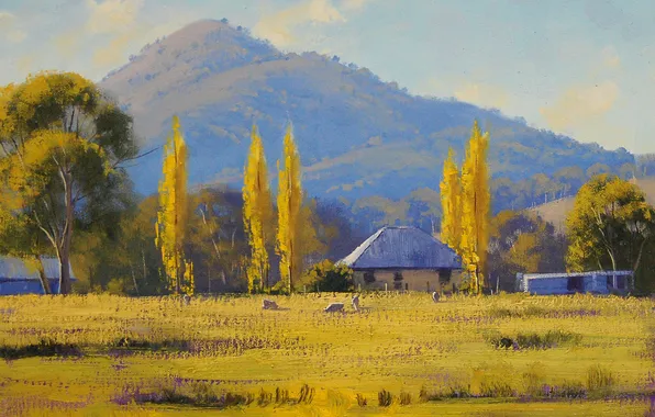 Autumn, trees, landscape, hills, home, art, buildings, Australia