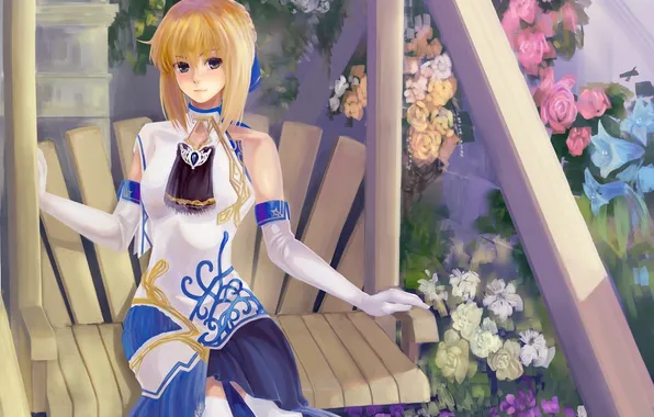 Picture girl, flowers, swing, art, saber, fate/stay night, kenbuo