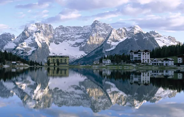 Mountains, the city, reflection, home, town, snow. lake