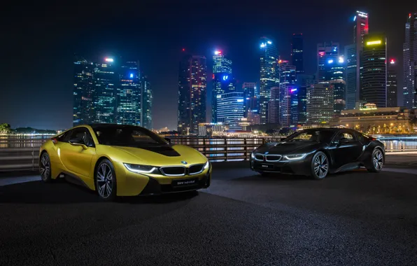 Picture night city, BMW i8, Frozen Yellow Edition