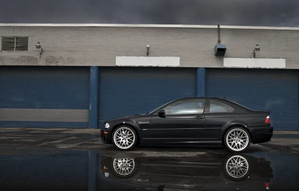 Reflection, black, the building, bmw, BMW, puddle, lights, profile