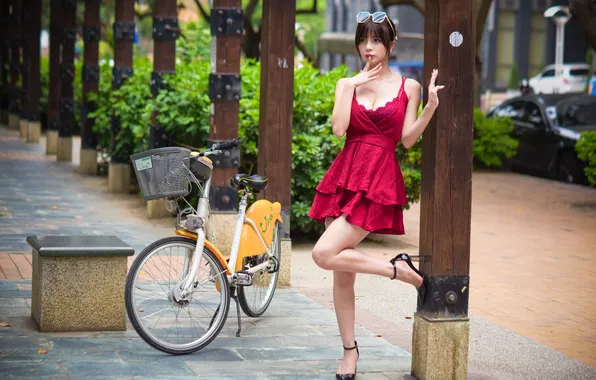 Girl, bike, Asian