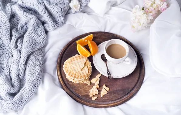 Picture coffee, Cup, bed, tulips, flowers, romantic, coffee cup, croissants