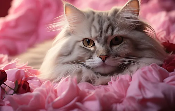 Cat, cat, look, flowers, pose, rose, portrait, roses