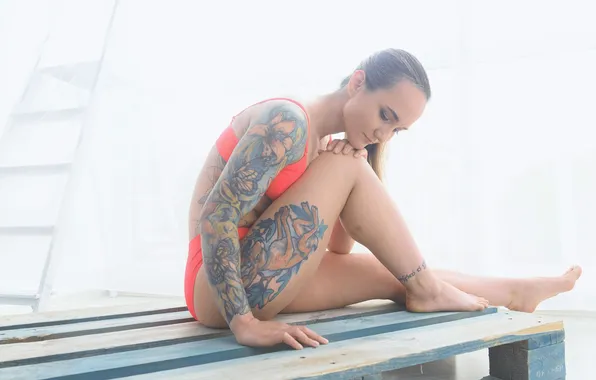 Girl, model, tattoo, Maxim Mikhailov