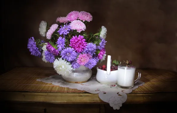 Flowers, glass, raspberry, table, bouquet, milk, berry, Cup