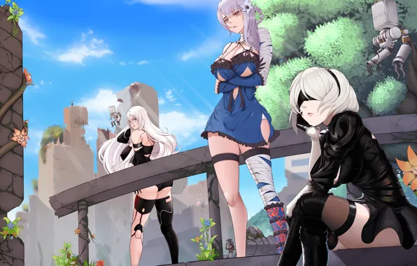 Robot, sky, anime, clouds, Nier, women, anime girls, Nier: Automata