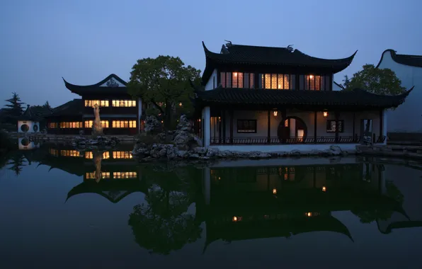 Picture night, river, home, China, Jingsi Garden