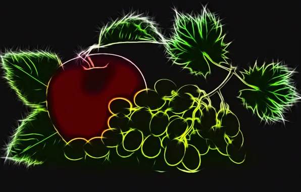 Rendering, Apple, grapes, black background, contour plot, neon glow
