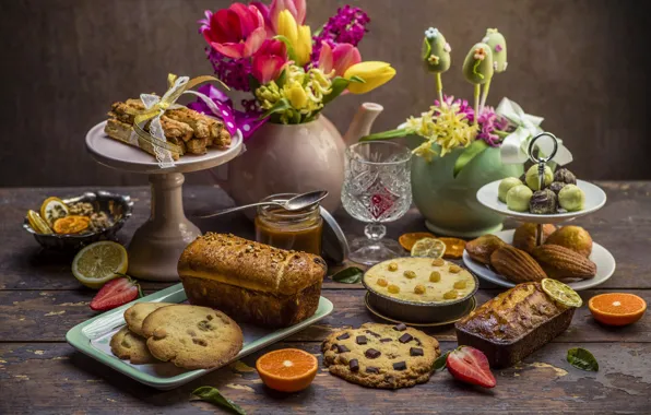 Flowers, table, Board, glass, bouquet, oranges, kettle, cookies