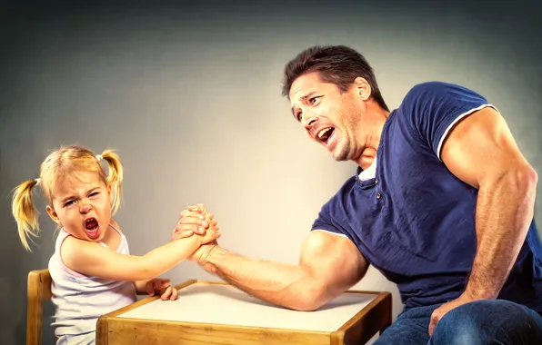 Girl, dad, Arm Wrestling